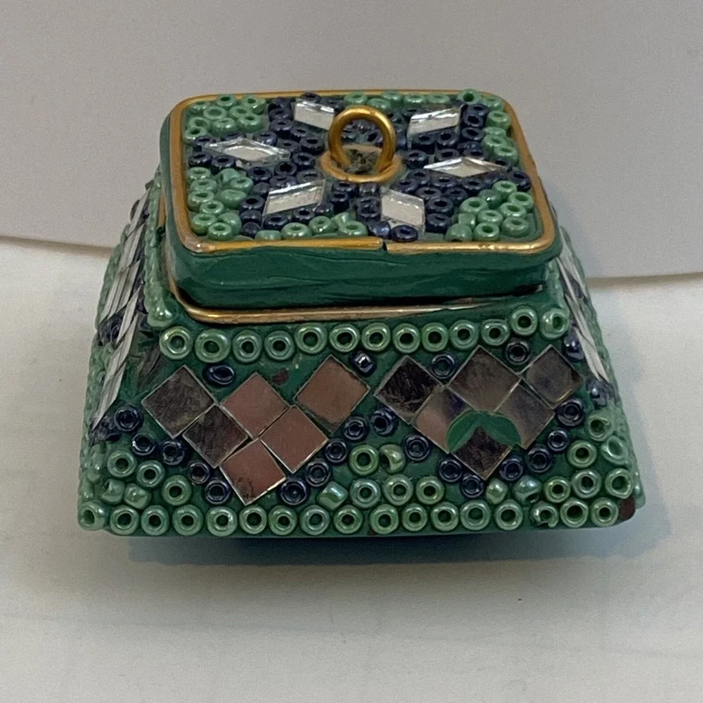 Vintage Design By Sudah Trinket Box Blue Beaded Jewelry Box Made in India
